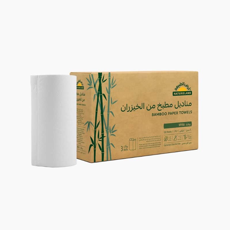 مناديل مطبخ بيضاء من الخيزران ٣ رولات ١٢٠ منديل - طبقتين أرض الطبيعة